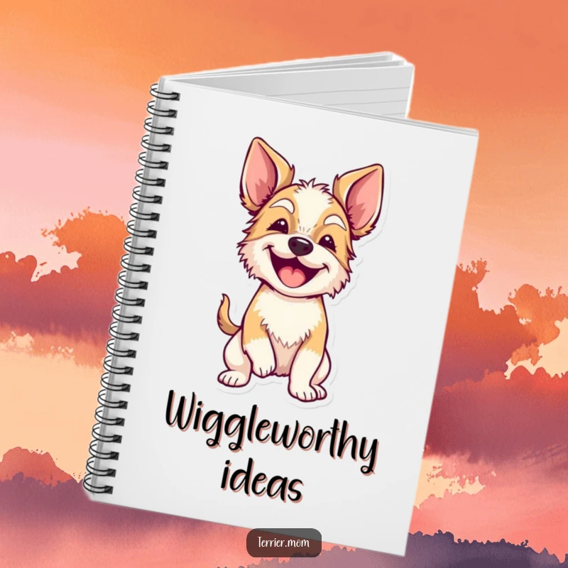 Funny terrier with floppy ears wiggling its whole body on the cover of a notebook, inspiring energetic notes.