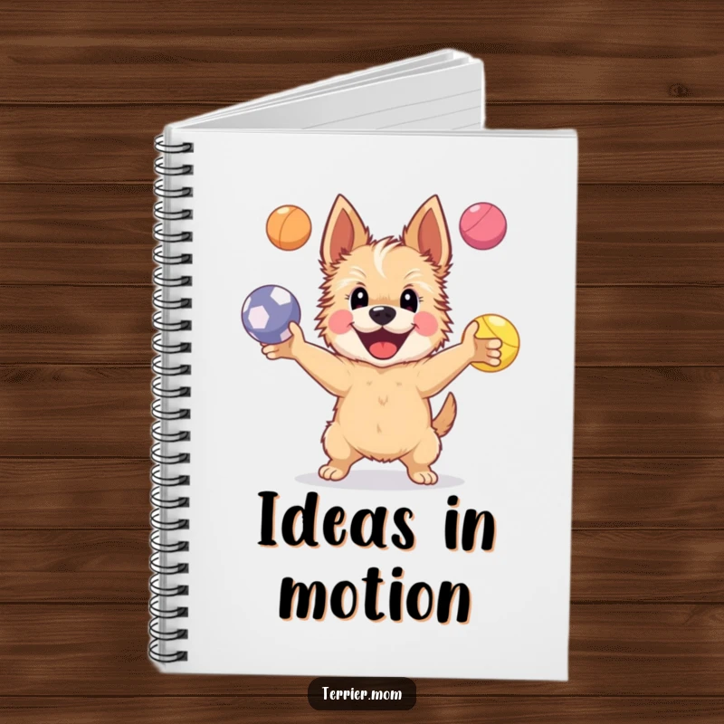 Funny Notebook featuring a happy Terrier dog juggling four bright bouncing balls, perfect for planning and jotting down creative ideas.