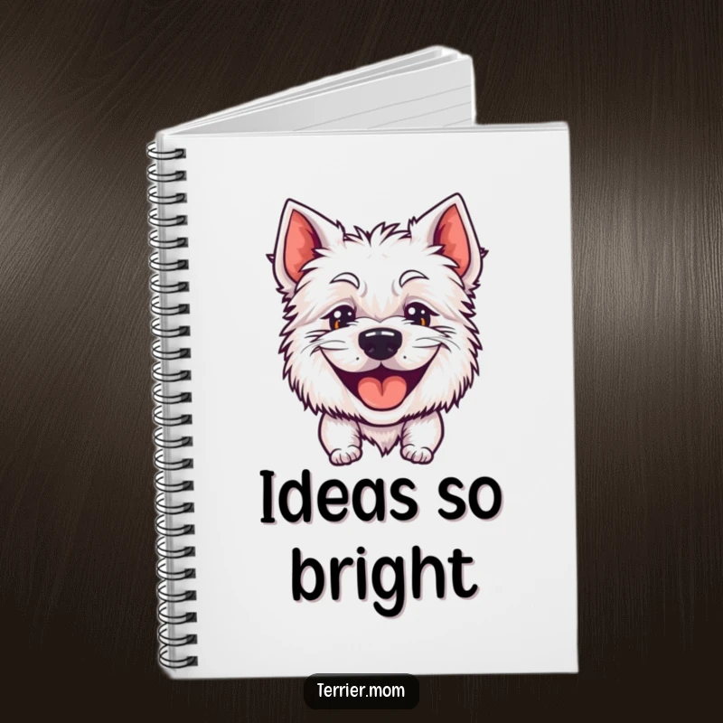 Funny notebook with a grinning, panting terrier, designed for jotting down happy thoughts and ideas.