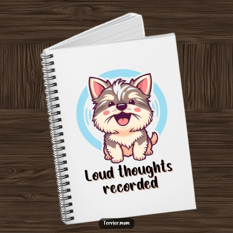 Funny Kawaii Terrier Dog Notebook featuring a cute dog whose cheerful bark is visualized as a sound wave, for expressive notes.