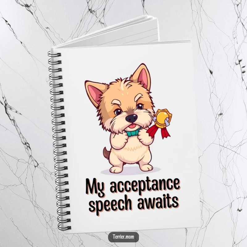 Funny terrier notebook, a dog striking a dramatic, award-winning bow, inspiring humorous entries and creative thoughts within its pages.