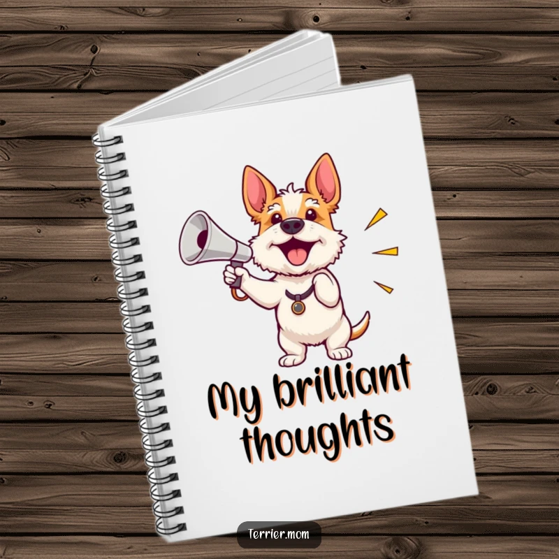 Funny notebook cover featuring an enthusiastic terrier waving a miniature shiny megaphone, perfect for note-taking and motivational writing.
