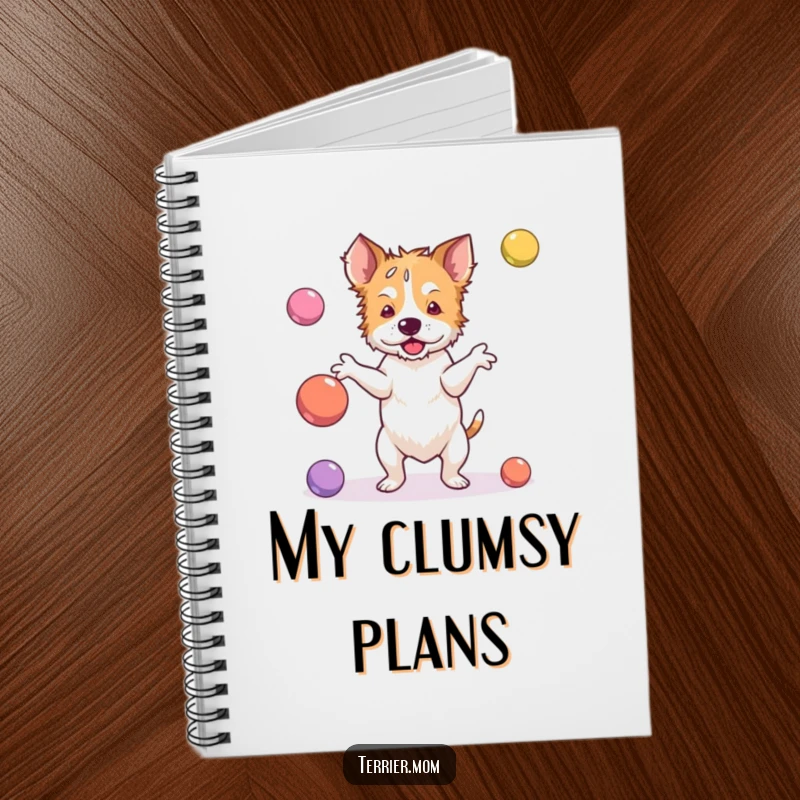 Funny terrier notebook with a dog clumsily juggling bouncy balls, ideal for jotting down ambitious plans.