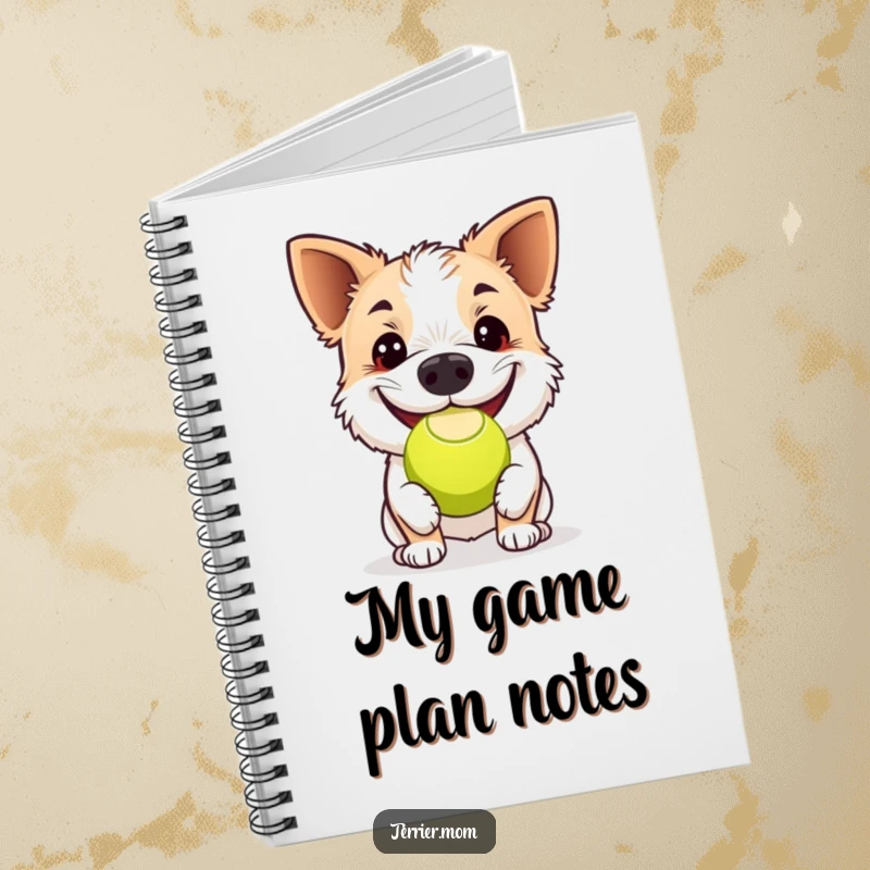 Funny terrier notebook, a dog happily bouncing a tennis ball with its nose, inspiring joyful entries and creative doodles.