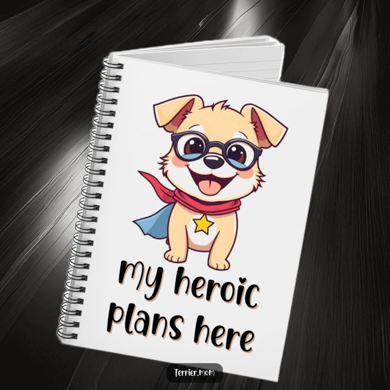 Funny Notebook with a smiling terrier in a superhero cape, ready to record your brilliant ideas and heroic plans.