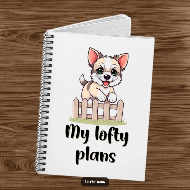 Funny leaping terrier notebook featuring a dog happily jumping over a fence on the cover.