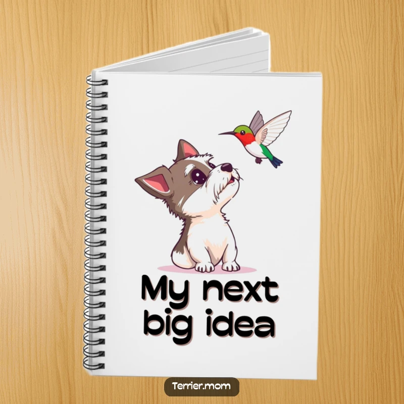 Funny notebook cover featuring a terrier looking up with delighted surprise at a hovering hummingbird, ideal for journaling and notes.