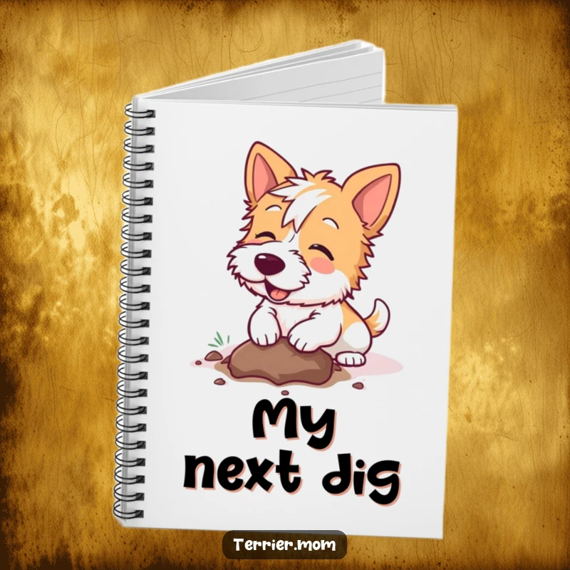 Funny Kawaii Terrier dog notebook, great for writing and drawing, showing a dog joyfully digging a hole, perfect for school or work.