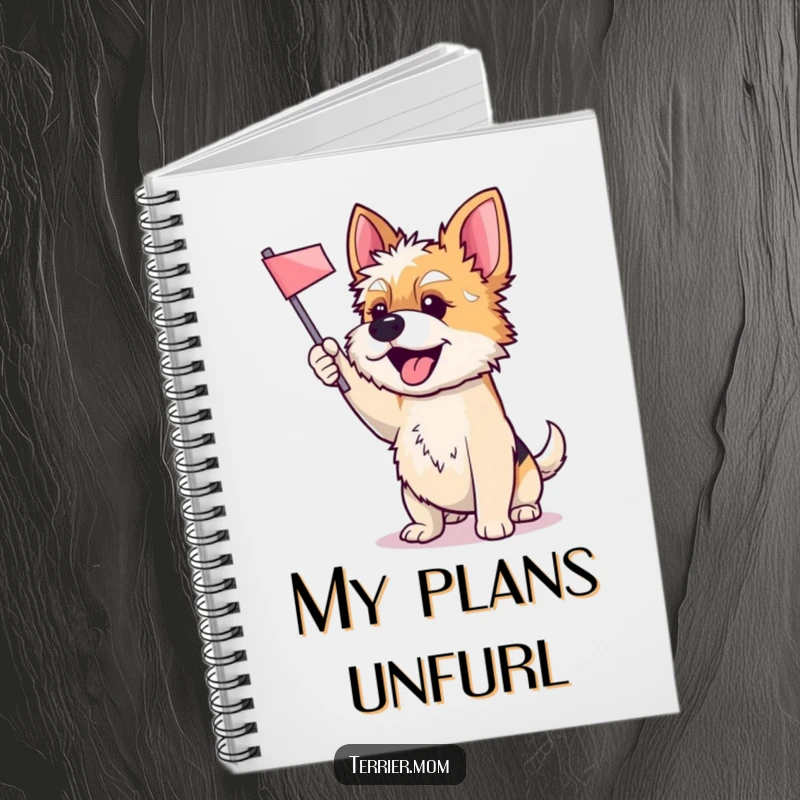 Funny notebook featuring a cheerful Terrier dog enthusiastically waving a small flag, perfect for capturing inspired thoughts and ideas.