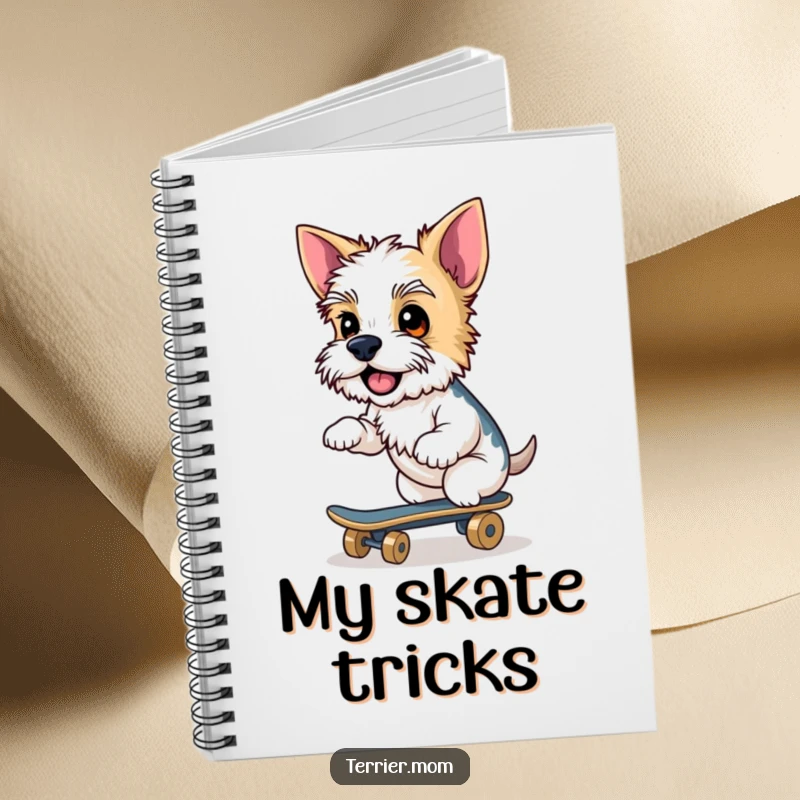 Funny Terrier notebook, cheeky dog, riding skateboard, cool pet, humorous stationery, pet journal, great funny gift.