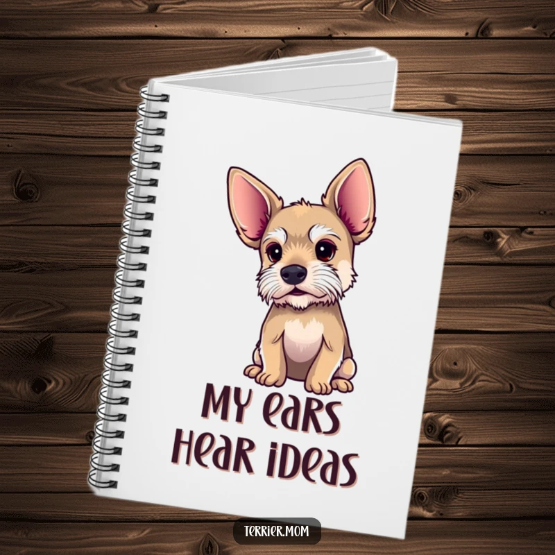 Funny terrier notebook with oversized ears, depicted intently listening, ideal for jotting down notes.