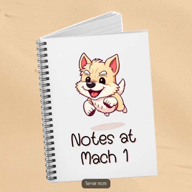 Funny Notebook featuring an energetic Terrier dog sprinting with a happy grin, perfect for jotting down energetic ideas and plans.