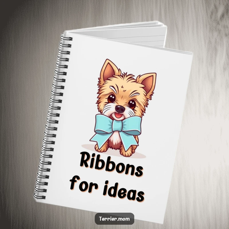 Funny Kawaii Terrier dog notebook, showing the cute pup wearing a comically large ribbon, perfect for jotting down ideas and wins.