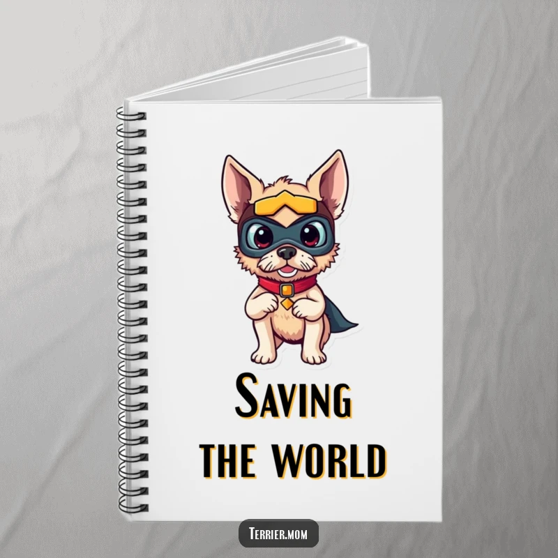 Funny notebook with a brave terrier dog in a superhero mask, striking a funny pose, ready to capture notes.