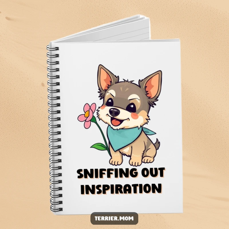 Funny terrier in a bandana, joyfully sniffing a blooming flower, on the cover of a notebook.
