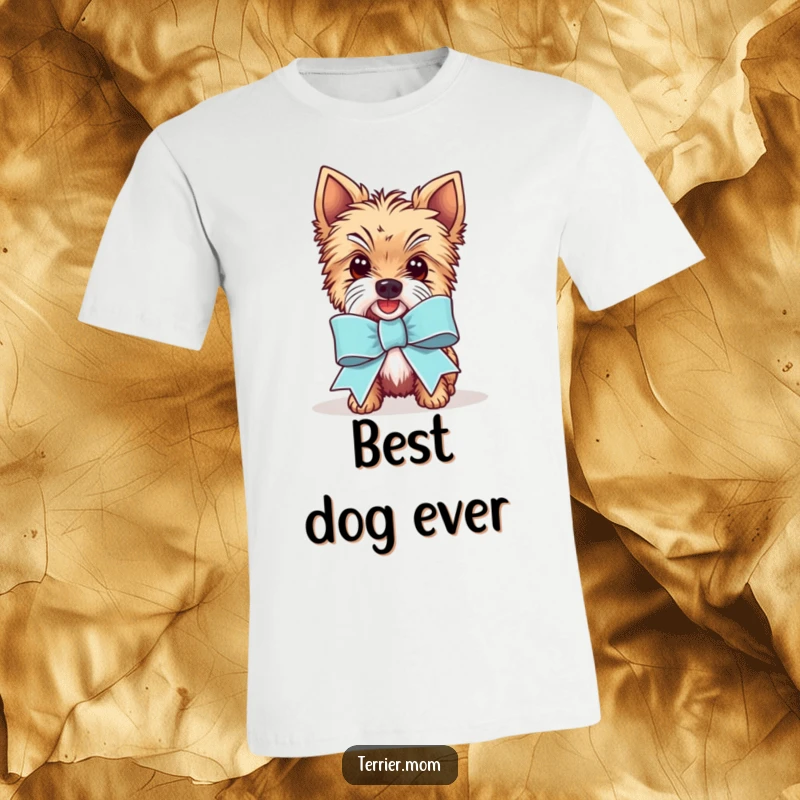 Funny Kawaii Terrier dog t-shirt, featuring the cute character sporting an absurdly large and colorful celebratory ribbon, looking utterly delighted.