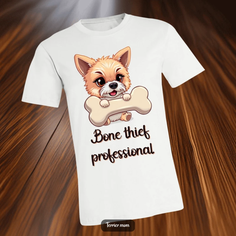 Funny t-shirt showing a mischievous terrier with a huge bone, looking incredibly proud of his ill-gotten gains.