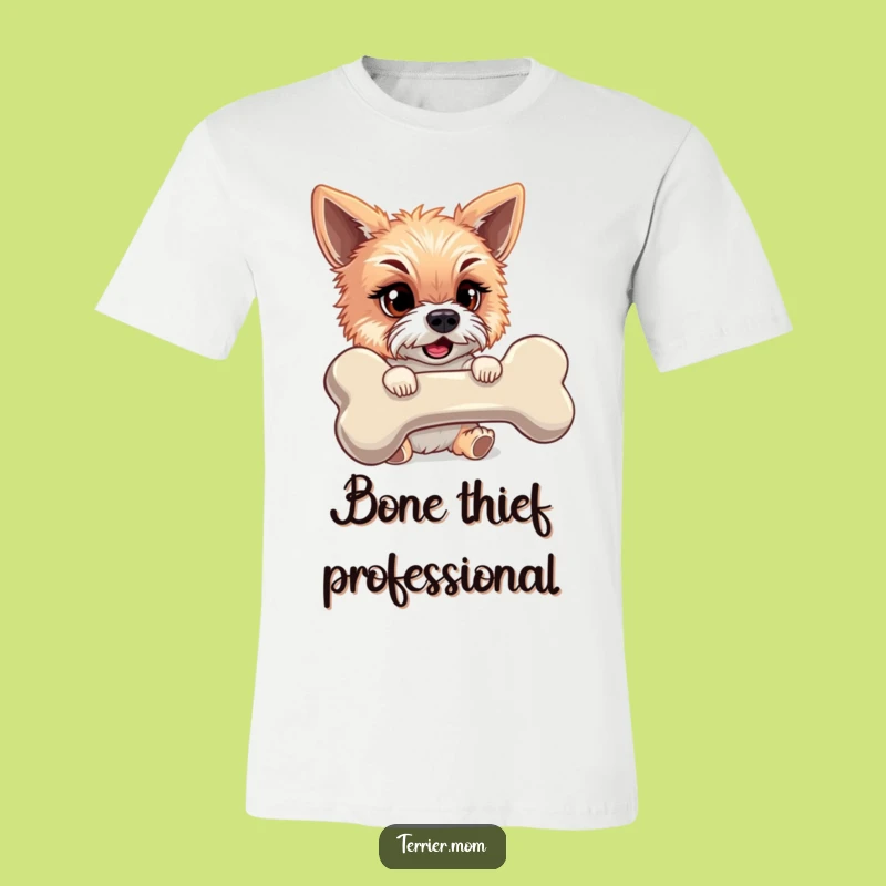 Funny Terrier T-Shirt: Mischievous Dog Stealing Giant Bone, Hilarious Gift