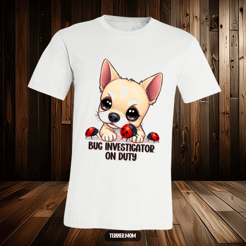 Funny Terrier T-Shirt: A curious terrier with wide, bright eyes intently examines a shiny ladybug, a humorous depiction of playful exploration.
