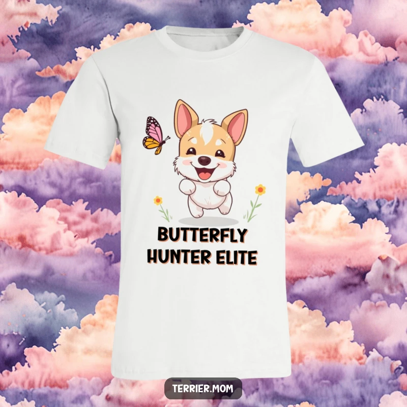 Funny terrier t-shirt, a dog excitedly chasing a butterfly with a happy expression, great funny gift for dog owners.