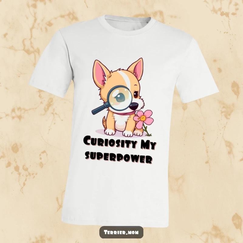 Funny terrier t-shirt showing a dog with a magnifying glass investigating a flower, perfect for curious personalities and as a funny gift.