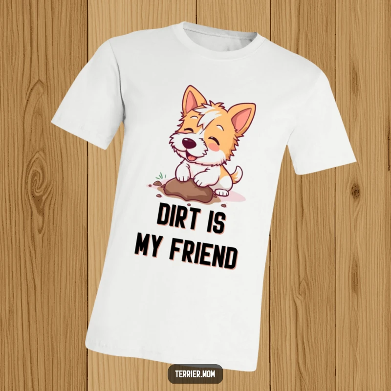 Funny Kawaii Terrier dog t-shirt, depicting a dog energetically digging a hole with a joyful expression, great for outdoor enthusiasts.