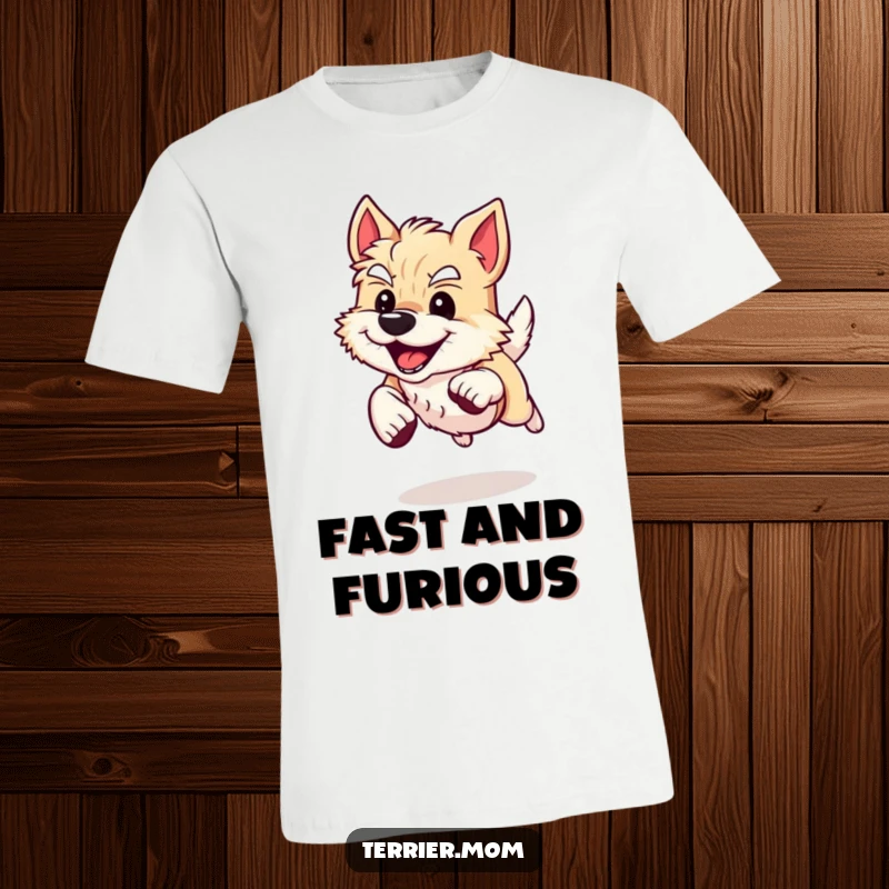 Funny T-Shirt depicting an energetic Terrier dog sprinting with a wide, happy grin, symbolizing speed and joyful determination.