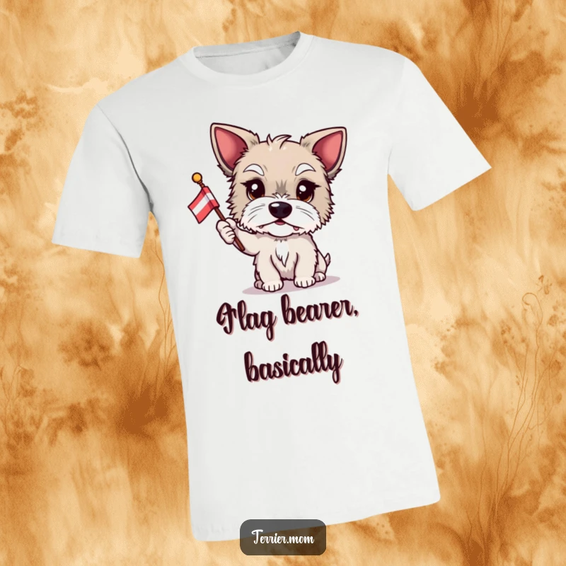 Funny Terrier t-shirt, proud dog, holding flag, patriotic pet apparel, humorous clothing, great funny gift.