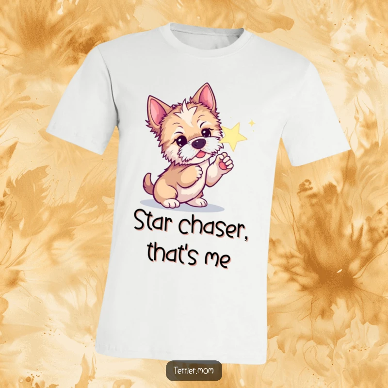 Funny t-shirt with a curious Terrier dog playfully poking a bright, sparkling star with its paw.