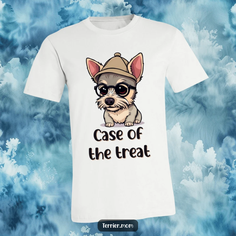 Funny detective terrier t-shirt showing a dog in a small hat, closely examining something with a magnifying glass, embodying playful sleuthing.