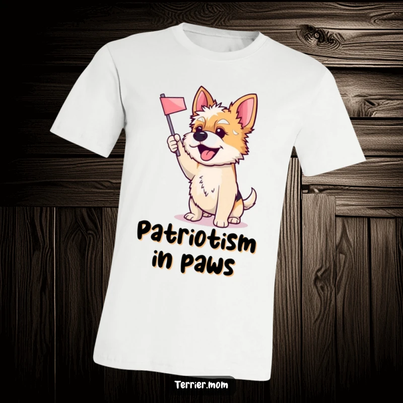 Funny T-shirt showcasing an energetic Terrier dog joyfully waving a tiny flag, radiating pure excitement and celebratory spirit for all to see.