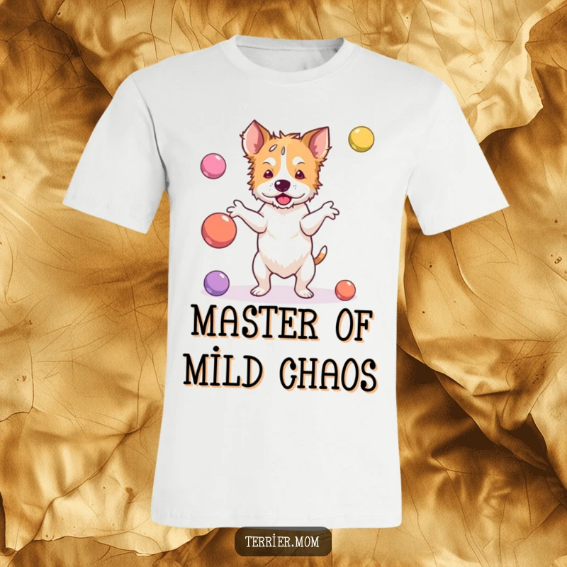 Funny terrier t-shirt of a dog struggling to juggle bouncy balls, with balls dropping and flying in all directions.