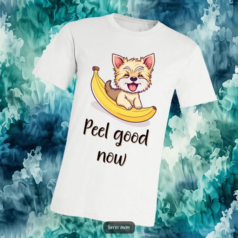 Funny T-shirt design of a giggling Terrier dog hilariously sliding down a banana peel, capturing a moment of pure, silly fun.