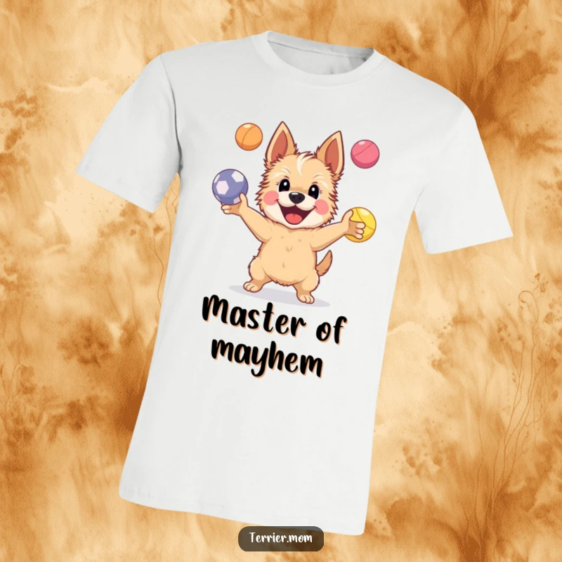 Funny T-Shirt depicting a happy Terrier dog expertly juggling four colorful, bouncing balls, highlighting skill and playful energy.