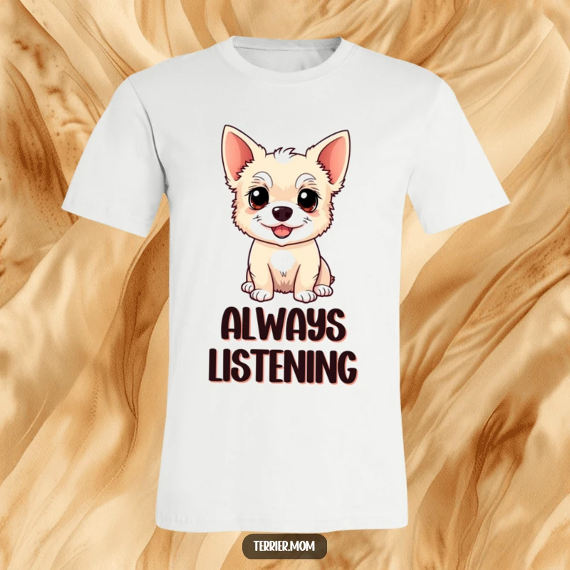 Funny Kawaii Terrier dog t-shirt, featuring an alert, happy dog with pointy ears, great for casual wear and dog lovers.