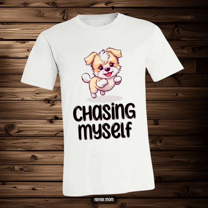 Funny Kawaii Terrier dog t-shirt, depicting a playful dog chasing its tail in circles, great for casual and humorous wear.