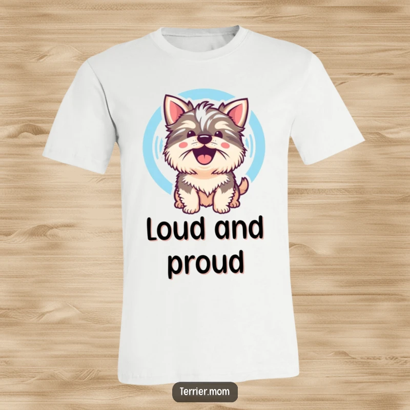 Funny Kawaii Terrier Dog T-Shirt depicting a cute dog whose cheerful bark is visualized as a sound wave, energetic and vocal.