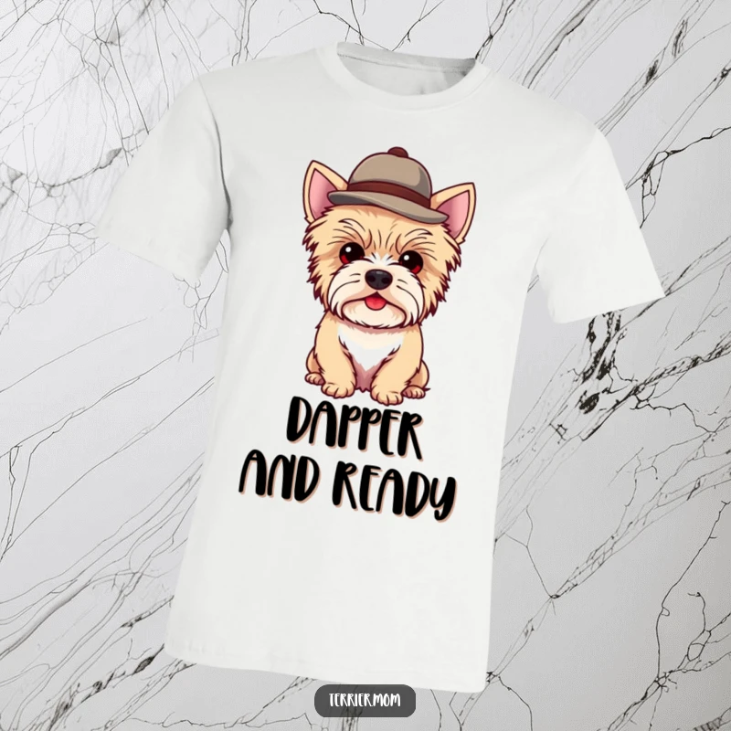 Funny Kawaii Terrier Dog T-Shirt depicting a cute dog wearing a small, jaunty hat, stylish and charming apparel.