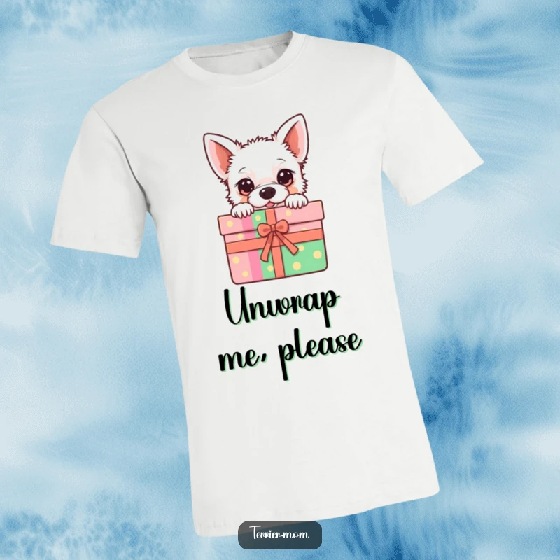 Funny T-Shirt featuring a kawaii terrier peeking from a colorful gift box, a delightful and adorable design.
