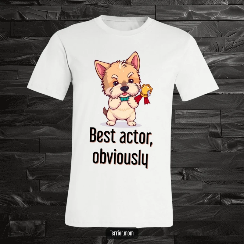 Funny terrier t-shirt, a dog dramatically bowing with a theatrical pose, celebrating an unseen achievement with a humorous flourish.