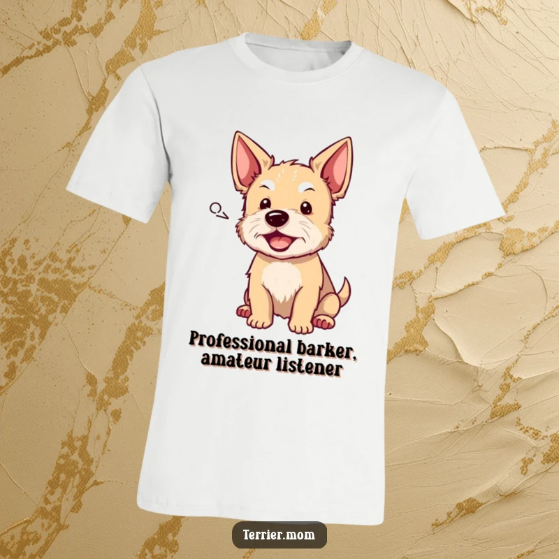 Funny terrier t-shirt with a dog barking happily from a speech bubble, ideal for showing off a dog's funny personality as a gift.