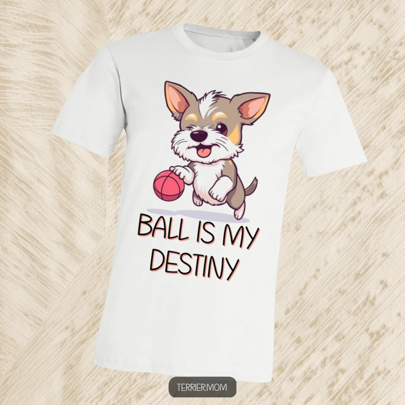 Funny Terrier t-shirt, determined dog, bouncing ball, focused pet, humorous apparel, great funny gift.
