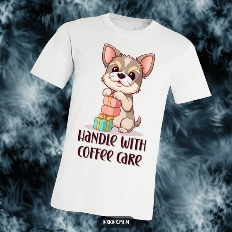 Funny terrier t-shirt featuring a dog skillfully balancing a wobbly stack of round gifts, embodying a humorous challenge.