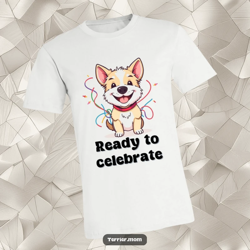 Funny t-shirt with a grinning terrier holding colorful streamers, perfect for parties and cheerful celebrations.