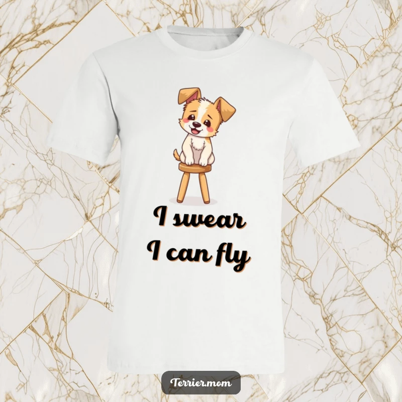 Funny T-Shirt: A laughing terrier with big floppy ears wobbling on a stool, radiating pure, unadulterated joy.