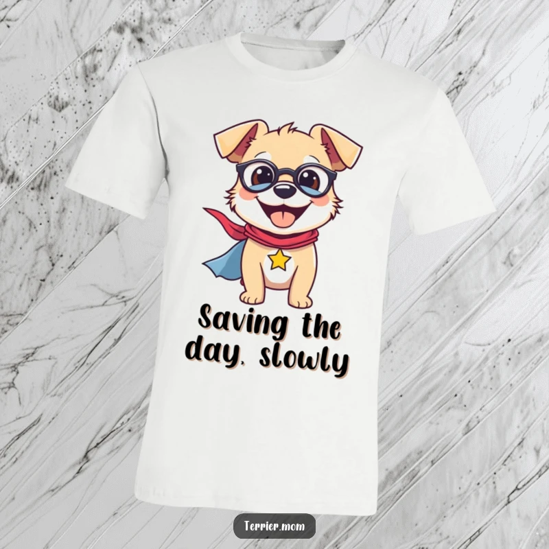 Funny T-Shirt featuring a happy terrier dog wearing a superhero cape, smiling confidently, a symbol of bravery and fun.