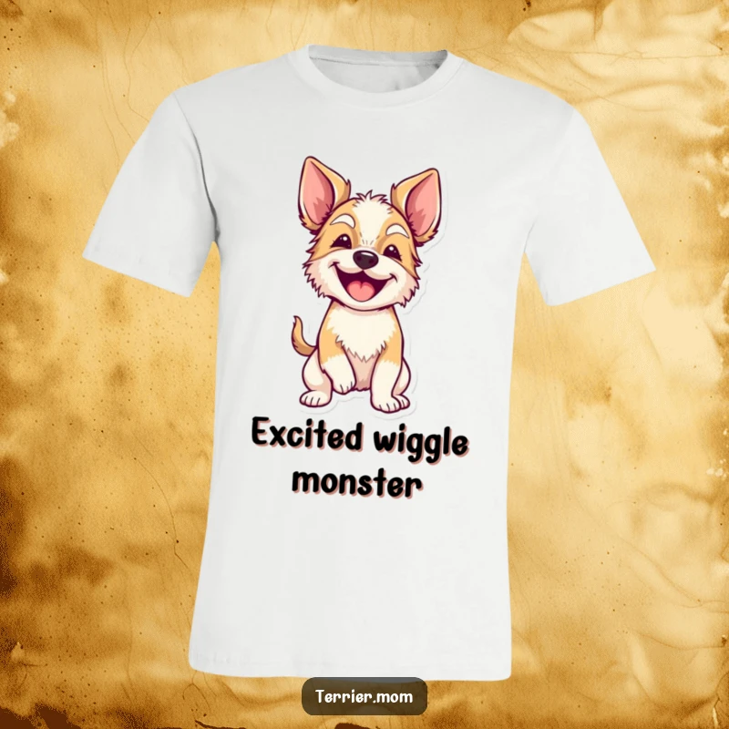 Funny terrier with floppy ears wiggling its whole body with excitement on a comfortable t-shirt, radiating pure doggy delight.