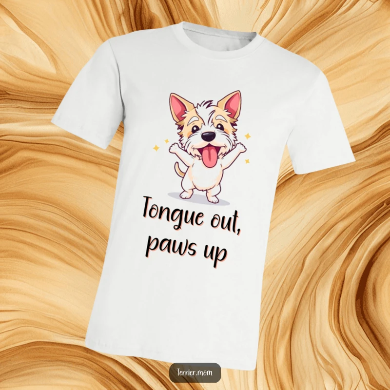 Funny terrier t-shirt of a dog dancing ecstatically with its tongue hanging out, captured mid-boogie.