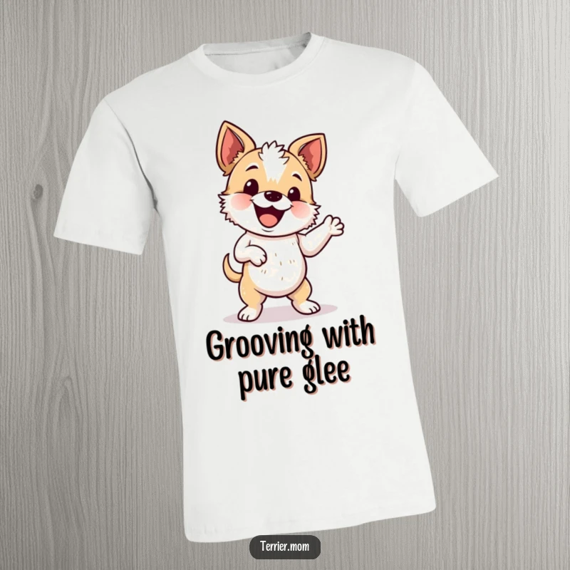 Funny t-shirt showcasing an energetic terrier performing a joyful and silly wiggle dance.