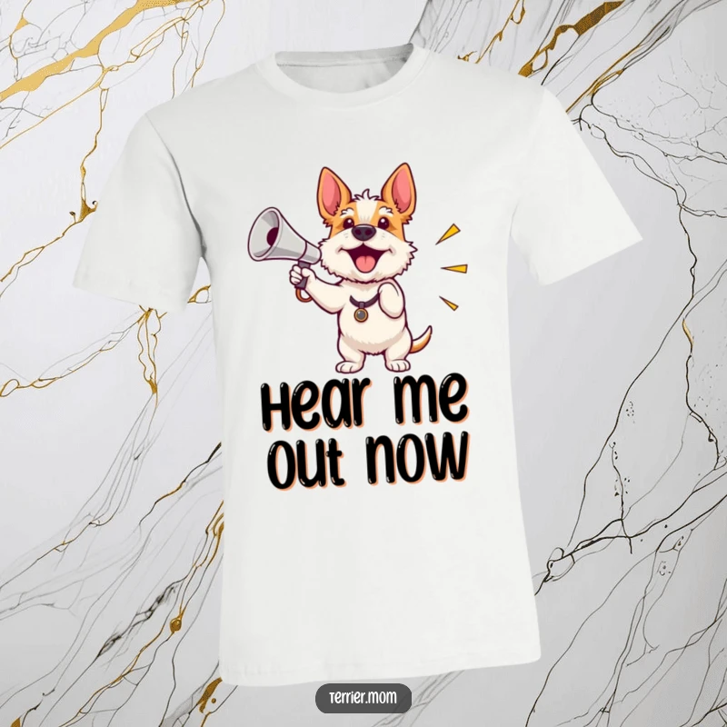 Funny t-shirt with an enthusiastic terrier waving a shiny megaphone, perfect for rallies, sports fans, and motivational messages.